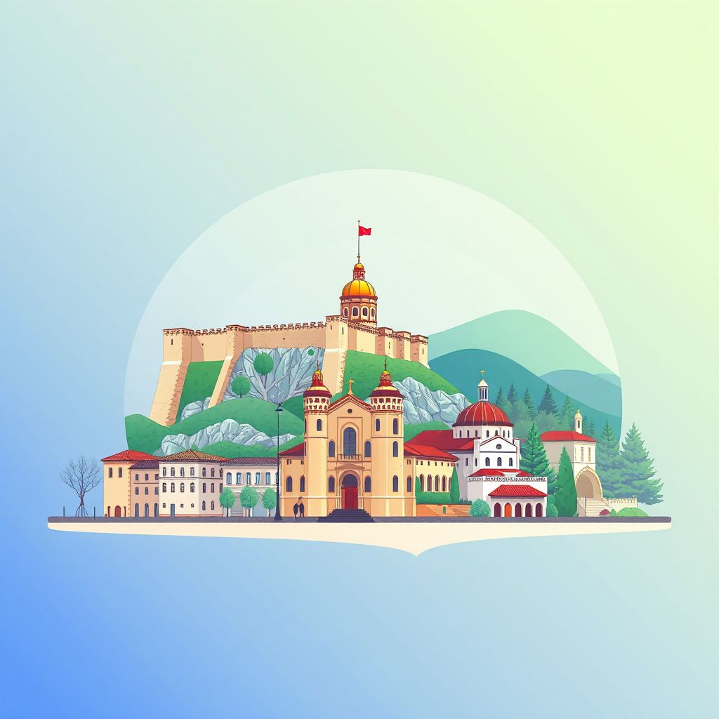 Ultra-high-definition gradient illustration style Bashkia Kavaje illustration, showing the unique charm of the Kavaje Castle, the Church of Saint Anthony, and Tavë Kosi.