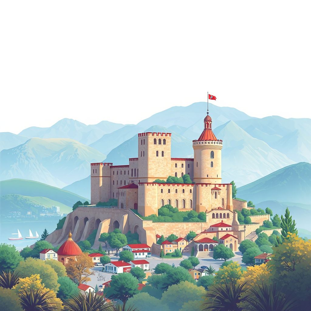 Ultra-high-definition gradient illustration style Bashkia Rrogozhine illustration, showing the unique charm of the Rrogozhine Castle and the surrounding mountains.