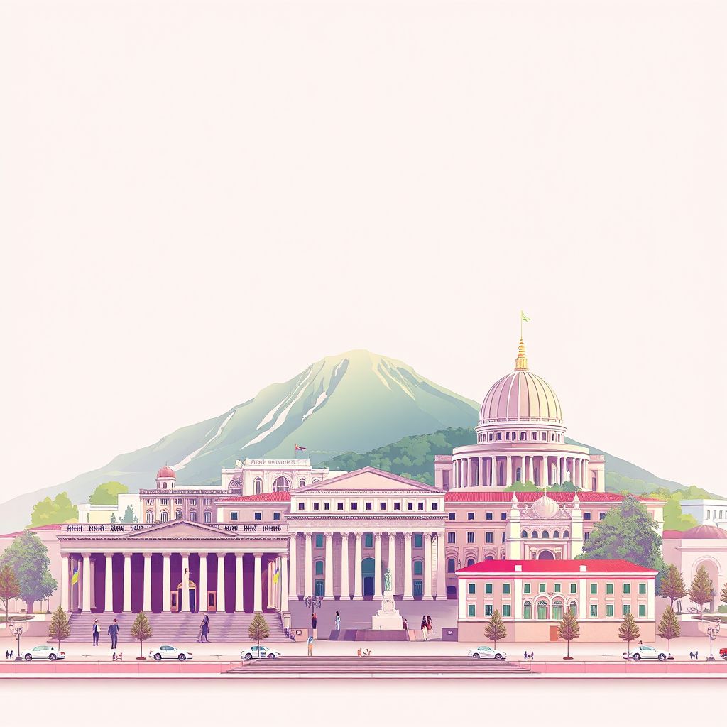 Ultra-high-definition gradient illustration style Bashkia Tirane illustration, showing the unique charm of the Skanderbeg Square, the National Historical Museum, and the Dajti Mountain.