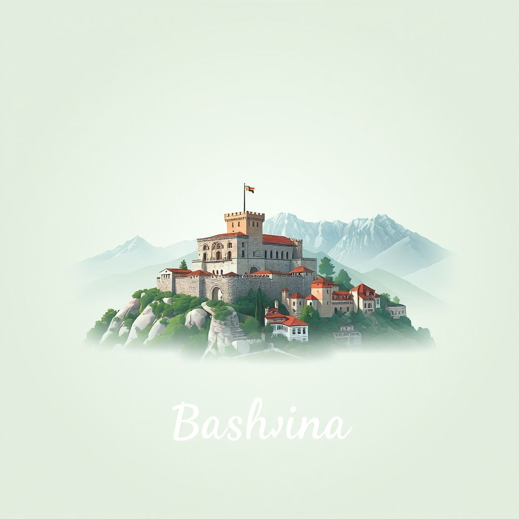 Ultra-high-definition gradient illustration style Bashkia Delvine illustration, showing the unique charm of the Delvine Castle, and the beautiful landscapes of the surrounding mountains.