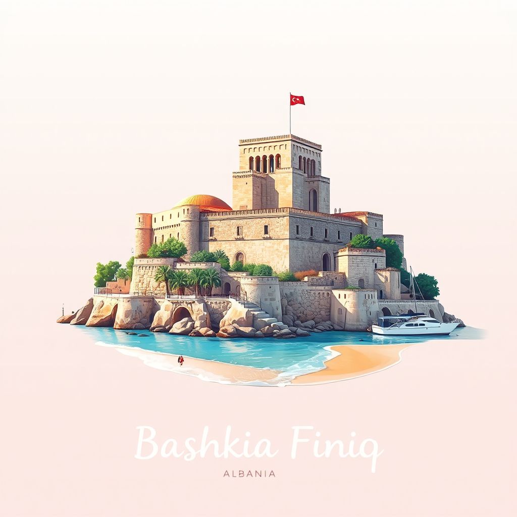Ultra-high-definition gradient illustration of Bashkia Finiq, featuring Finiq Castle and Ionian Sea beaches.