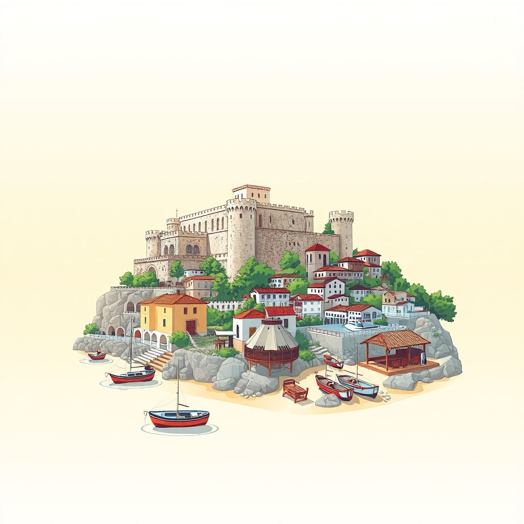 Ultra-high-definition gradient illustration style Bashkia Himare illustration, showing the unique charm of the Himare Castle, the Spile Beach, and Tavë Kosi.