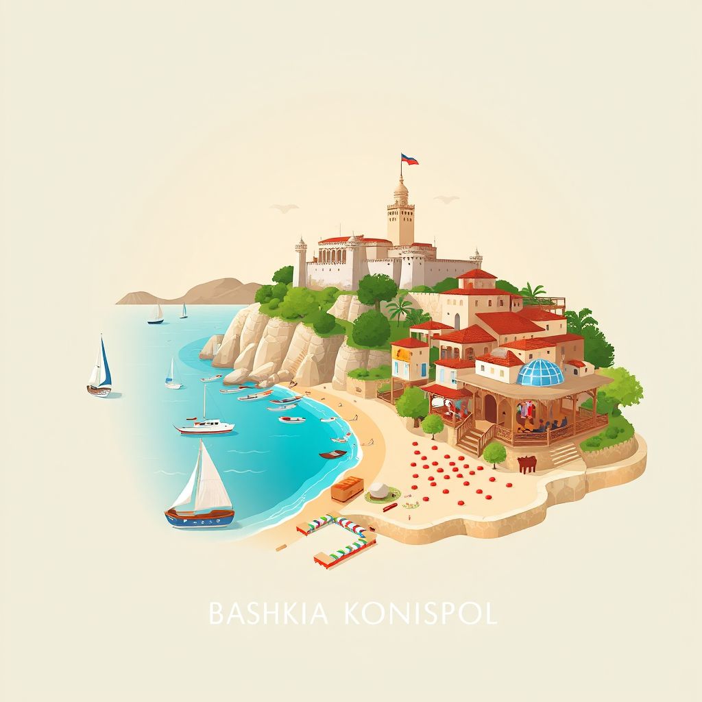 Ultra-high-definition gradient illustration style Bashkia Konispol illustration, showing the unique charm of the Konispol Castle and the beautiful beaches of Karaburun-Sazan National Marine Park.