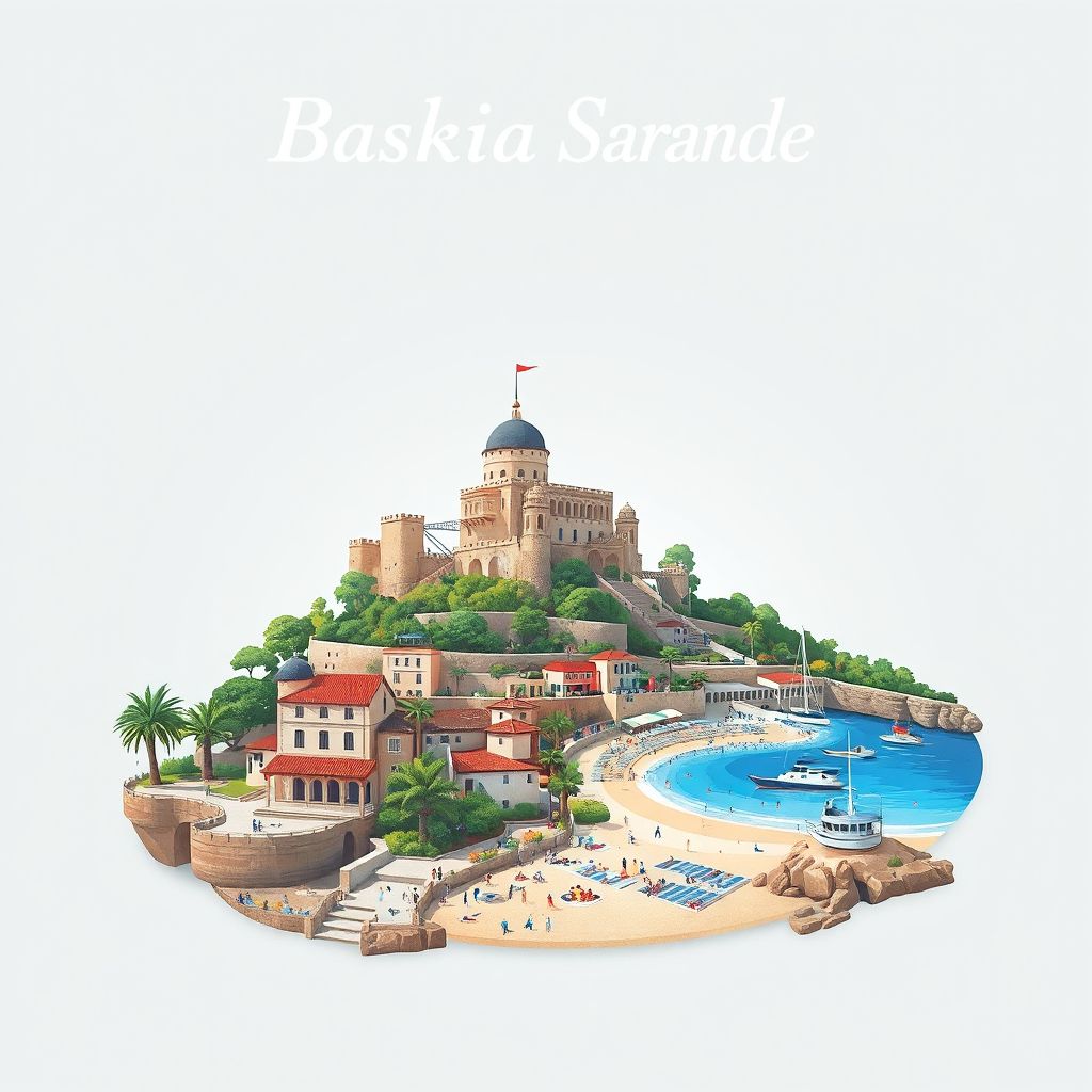 Ultra-high-definition gradient illustration style Bashkia Sarande illustration, showing the unique charm of the Lekursi Castle, the Blue Eye natural spring, and the beaches of Dhermi.