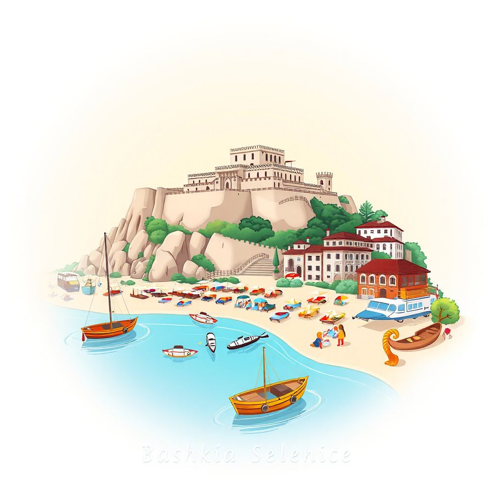 Ultra-high-definition gradient illustration style Bashkia Selenice illustration, showing the unique charm of the Selenice Castle and Karaburun-Selenice National Park.