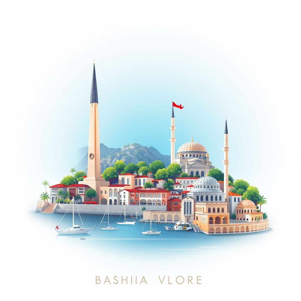 Ultra-high-definition gradient illustration style Bashkia Vlore illustration, showing the unique charm of the Independence Monument, the Vlore Bay, and the Muradie Mosque.