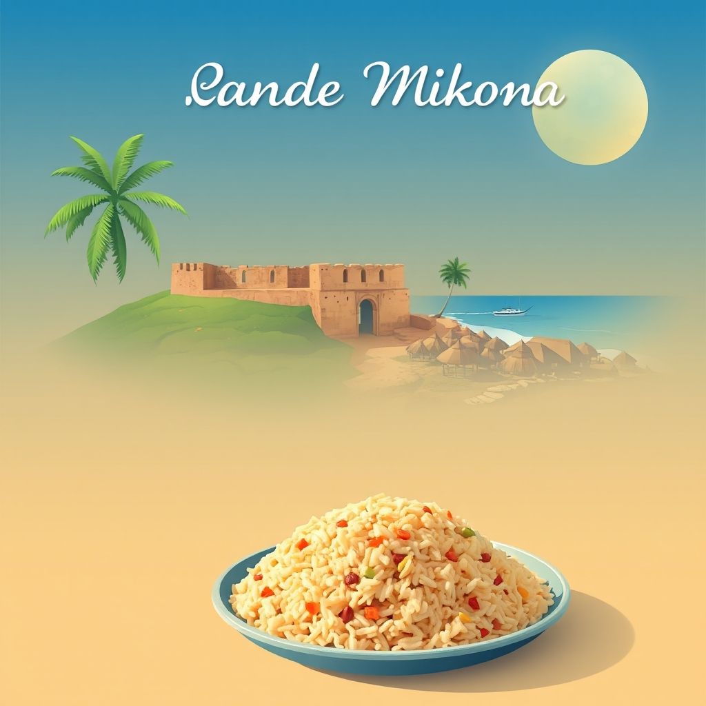 Gradient illustration of Pande Mikoma, Kilwa, Lindi, Tanzania, featuring Kilwa Kisiwani ruins, coastal scenery, and pilau rice.