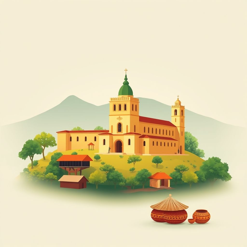 Ultra-high-definition gradient illustration of Peramiho, Songea, Ruvuma, Tanzania, featuring the Benedictine Peramiho Abbey, lush landscapes, traditional textiles, pottery, and local cuisine Nyama Choma.