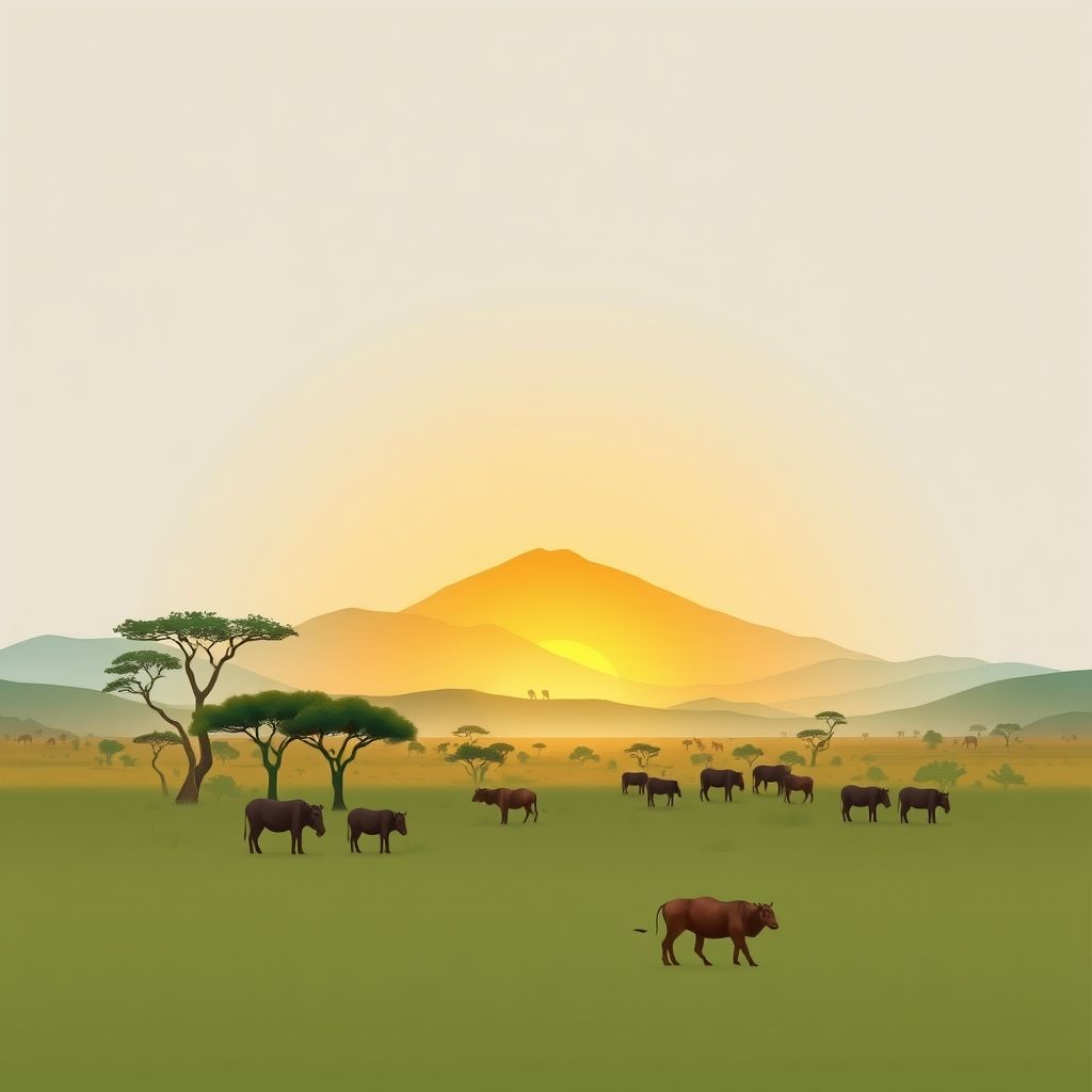 Ultra-high-definition gradient illustration of Ng’wigwa, Maswa District, Simiyu, Tanzania, featuring Serengeti National Park and Nyama Choma.