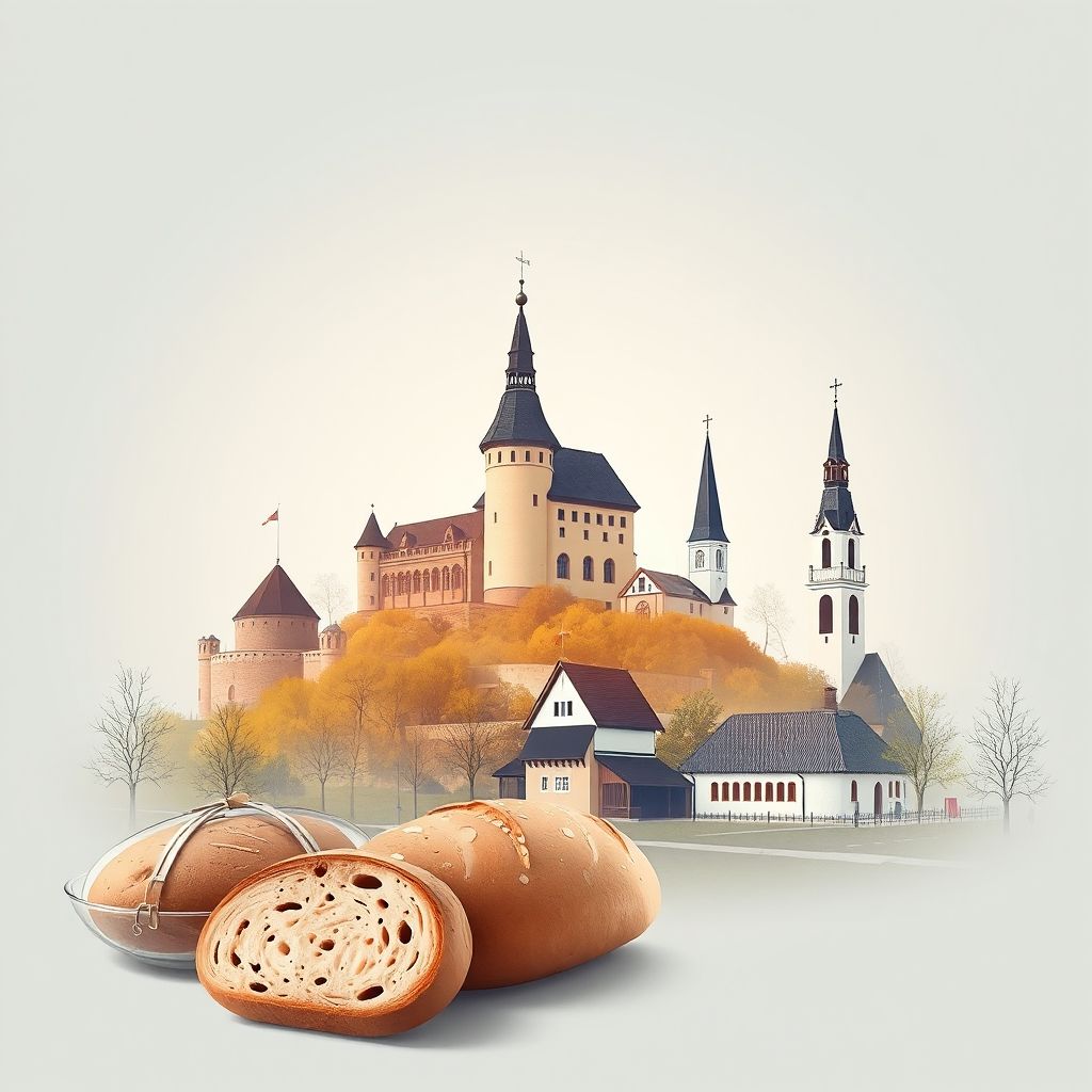 Ultra-high-definition gradient illustration of Villavere küla, Estonia, featuring Rakvere Castle, Toolse Church, and traditional Estonian food like kama and rye bread.