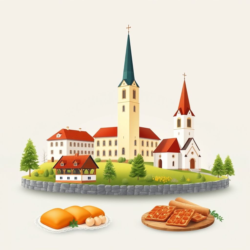 Ultra-high-definition gradient illustration of Saarnakõrve küla, featuring Kose Manor, Kose Church, and traditional Estonian food like leib and kilu.