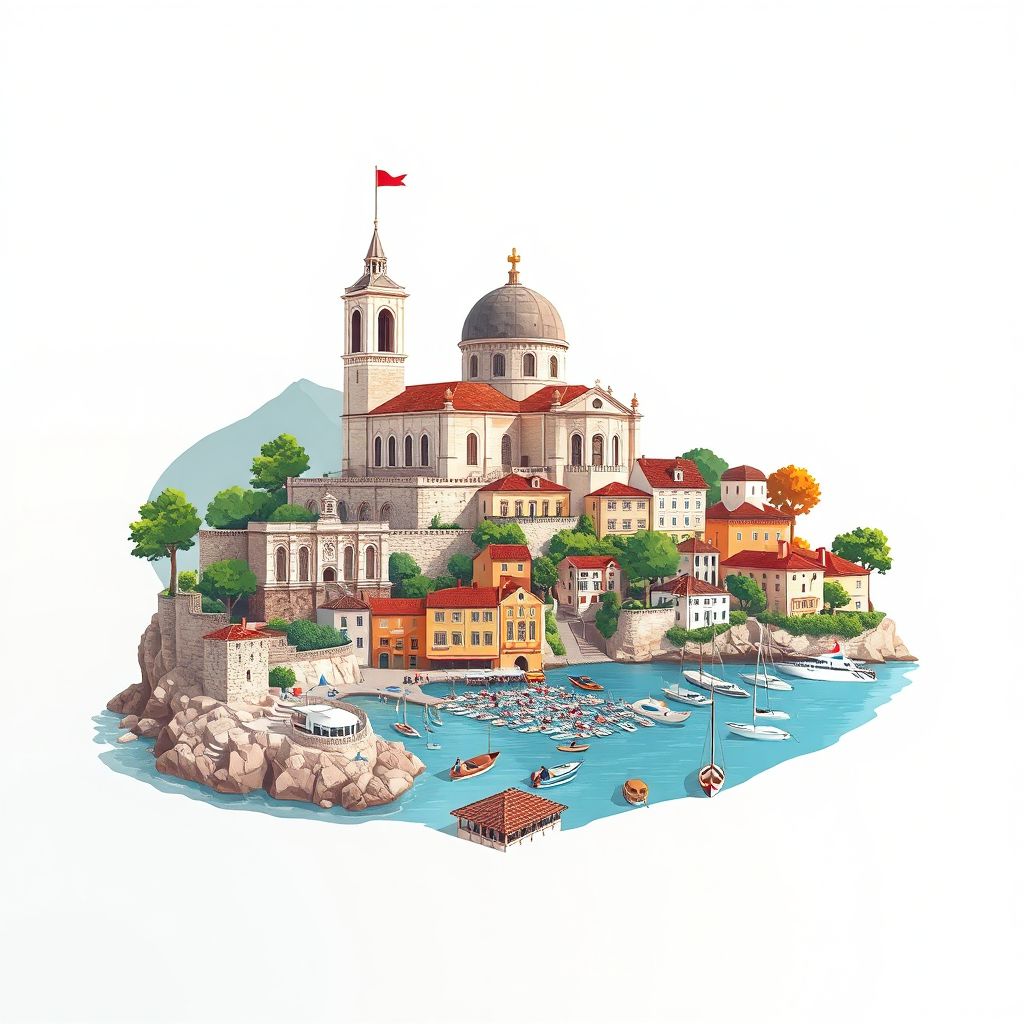 Ultra-high-definition gradient illustration style Selca illustration, showing the unique charm of the Church of St. John, beautiful beaches, and traditional Dalmatian cuisine.
