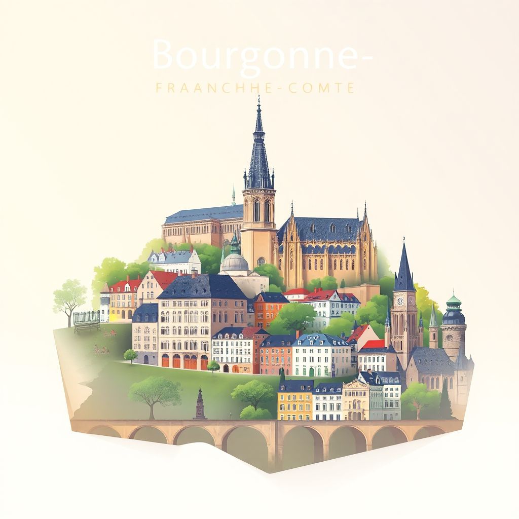 Ultra-high-definition gradient illustration style Bourgogne-Franche-Comte illustration, showing the unique charm of the Hospices de Beaune, the Basilica of Saint-Marie-Madeleine, and the historic center of Dijon.