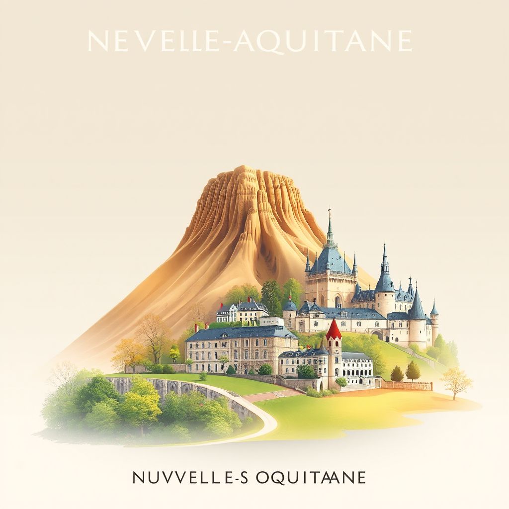 Ultra-high-definition gradient illustration of Nouvelle-Aquitaine, France, featuring the Dune of Pilat, Saint-Émilion village, and Château de Chambord.