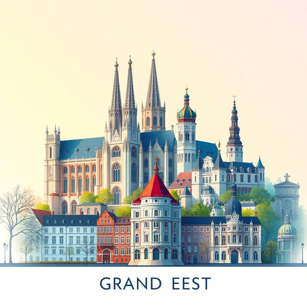 Ultra-high-definition gradient illustration style Grand Est, France, featuring the Cathedral of Reims and Place Stanislas in Nancy.