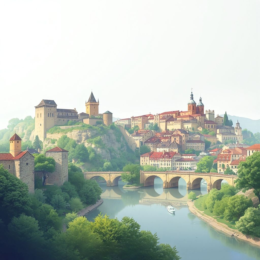 Ultra-high-definition gradient illustration style Occitanie, France image, featuring the Pont du Gard, Carcassonne, and Canal du Midi.