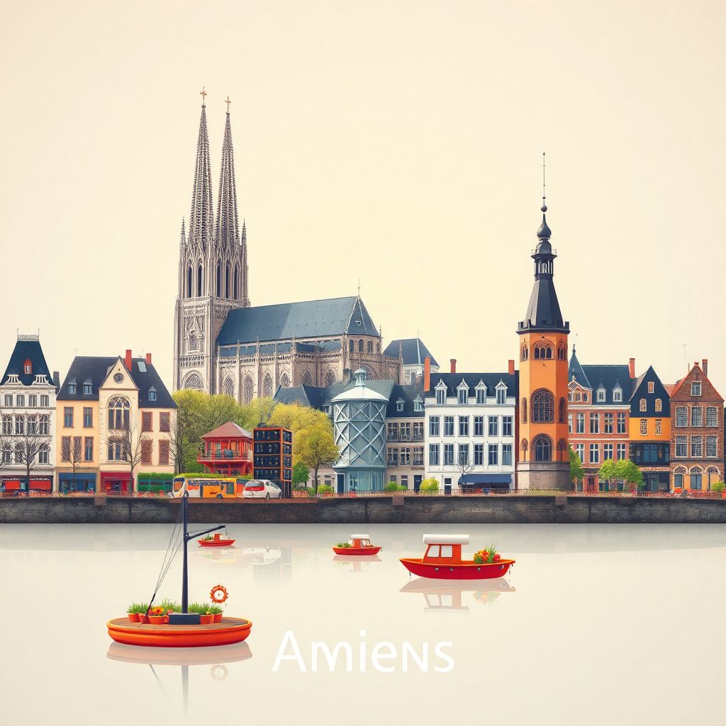 Ultra-high-definition gradient illustration style Amiens artwork, showcasing the Amiens Cathedral, Hortillonnages floating gardens, and Jules Verne House.