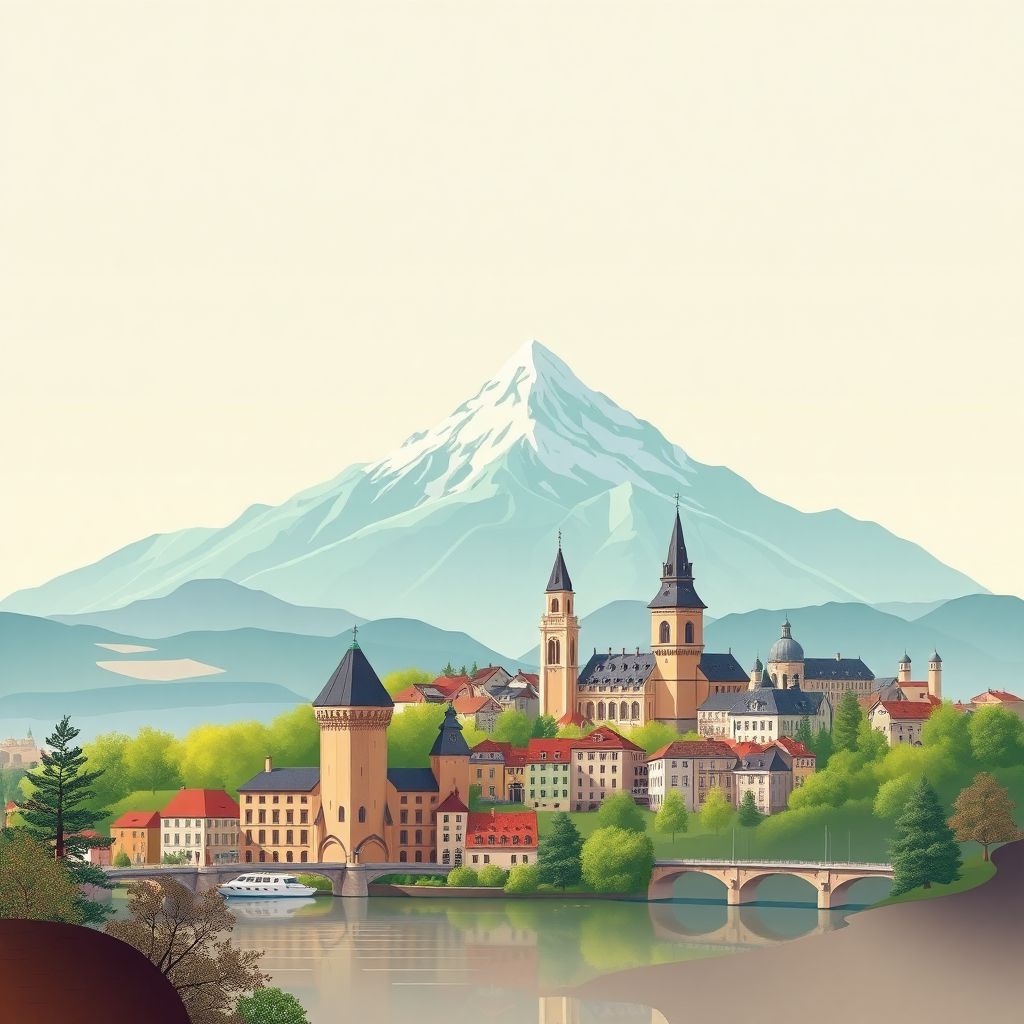 Ultra-high-definition gradient illustration style Auvergne-Rhone-Alpes illustration, showing the unique charm of Mont Blanc, Annecy Lake, and the historic city of Lyon.