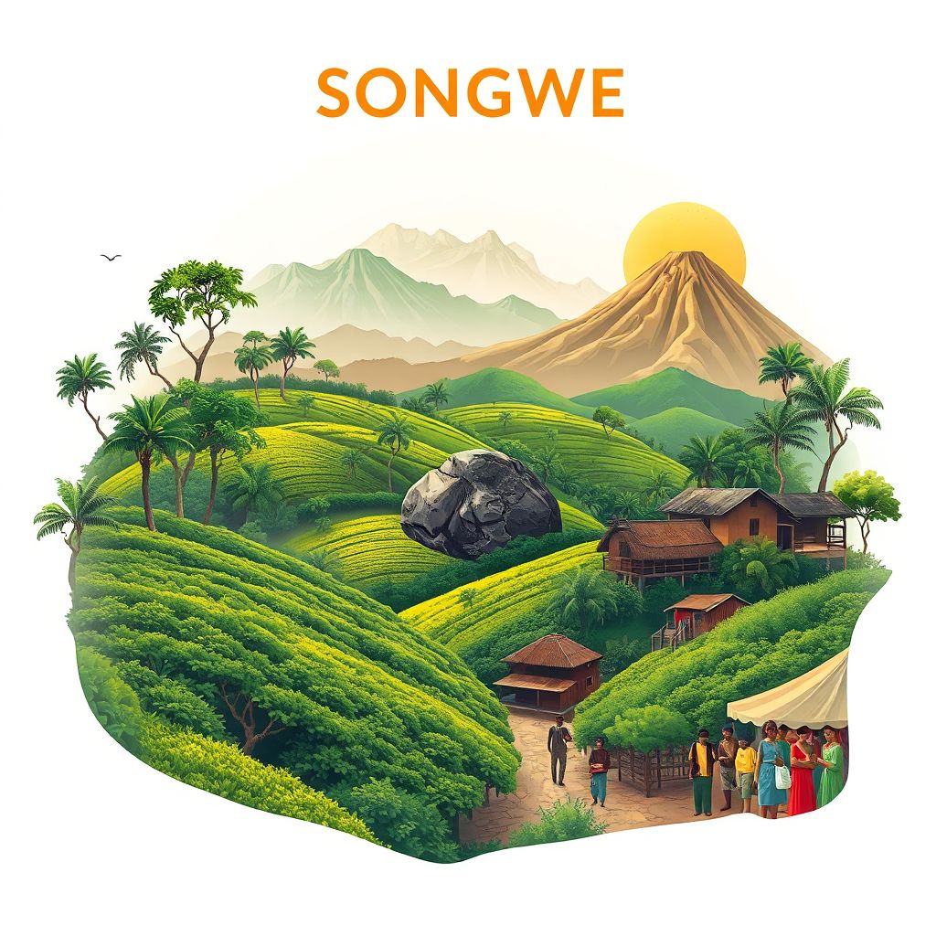Ultra-high-definition gradient illustration of Songwe, Songwe, Tanzania, featuring tea plantations, the Mbozi meteorite site, and local markets.