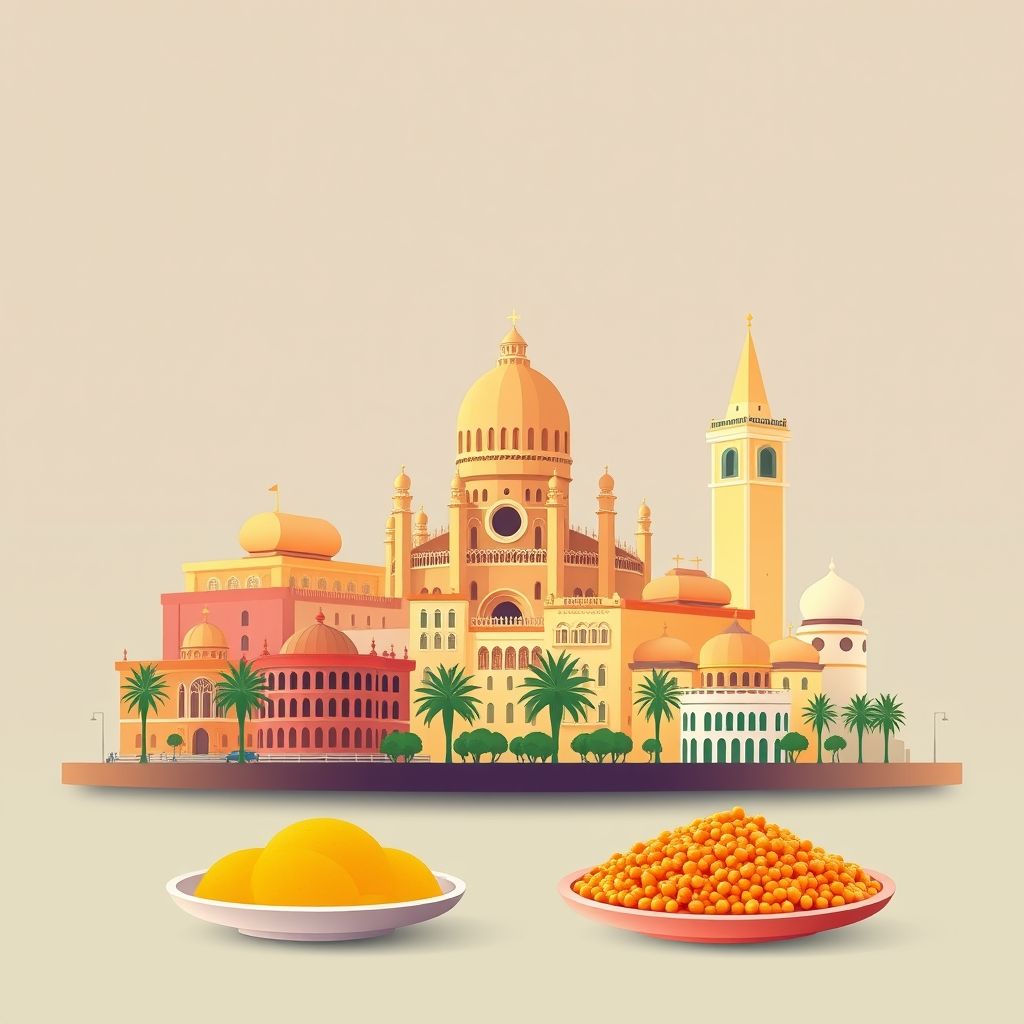 Ultra-high-definition gradient illustration of Algiers, Algeria, featuring Notre-Dame d'Afrique, Grande Poste d'Alger, and local delicacies like couscous.