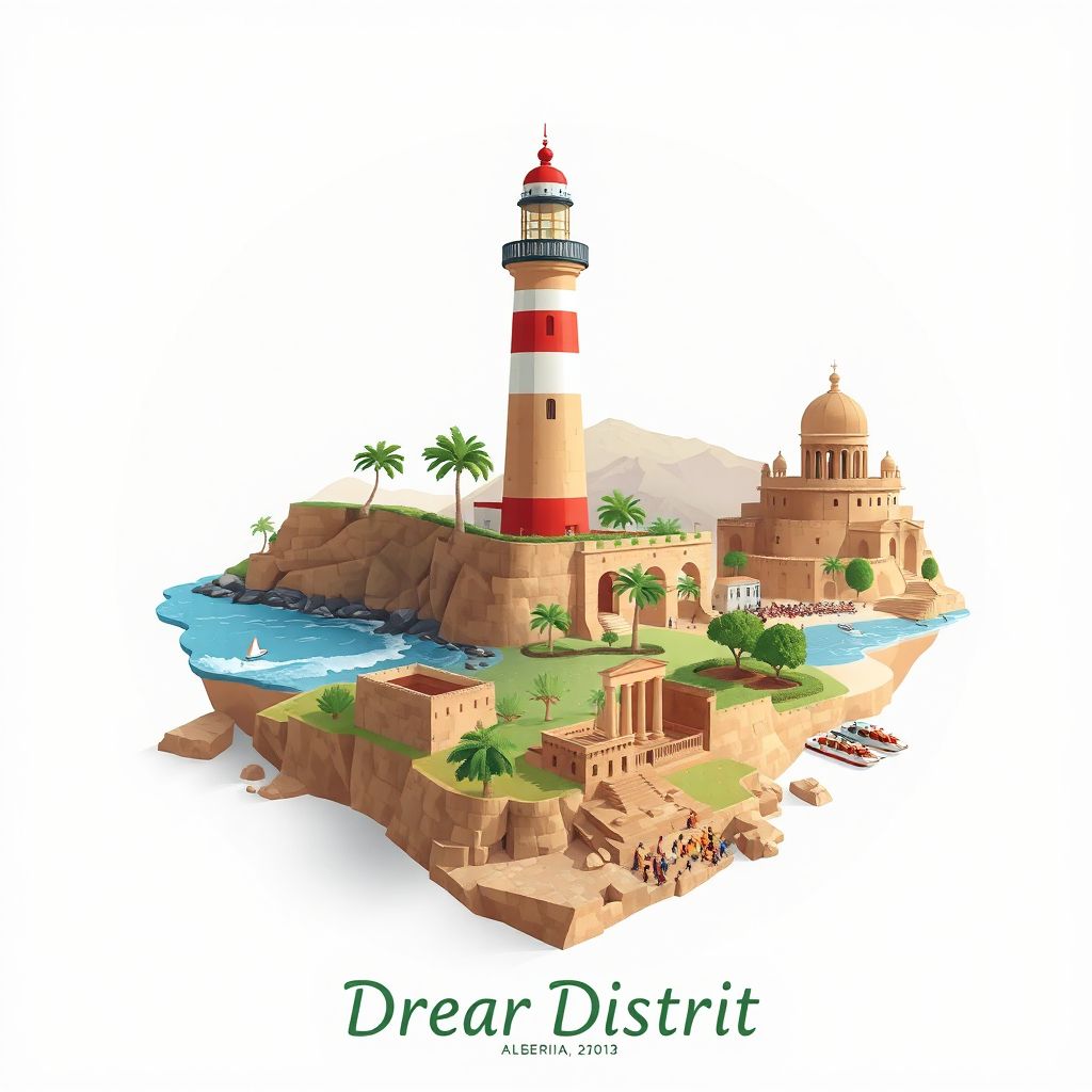Ultra-high-definition gradient illustration style Drean District illustration, showing the unique charm of the El Tarf Lighthouse, the beautiful beaches of El Kala National Park.