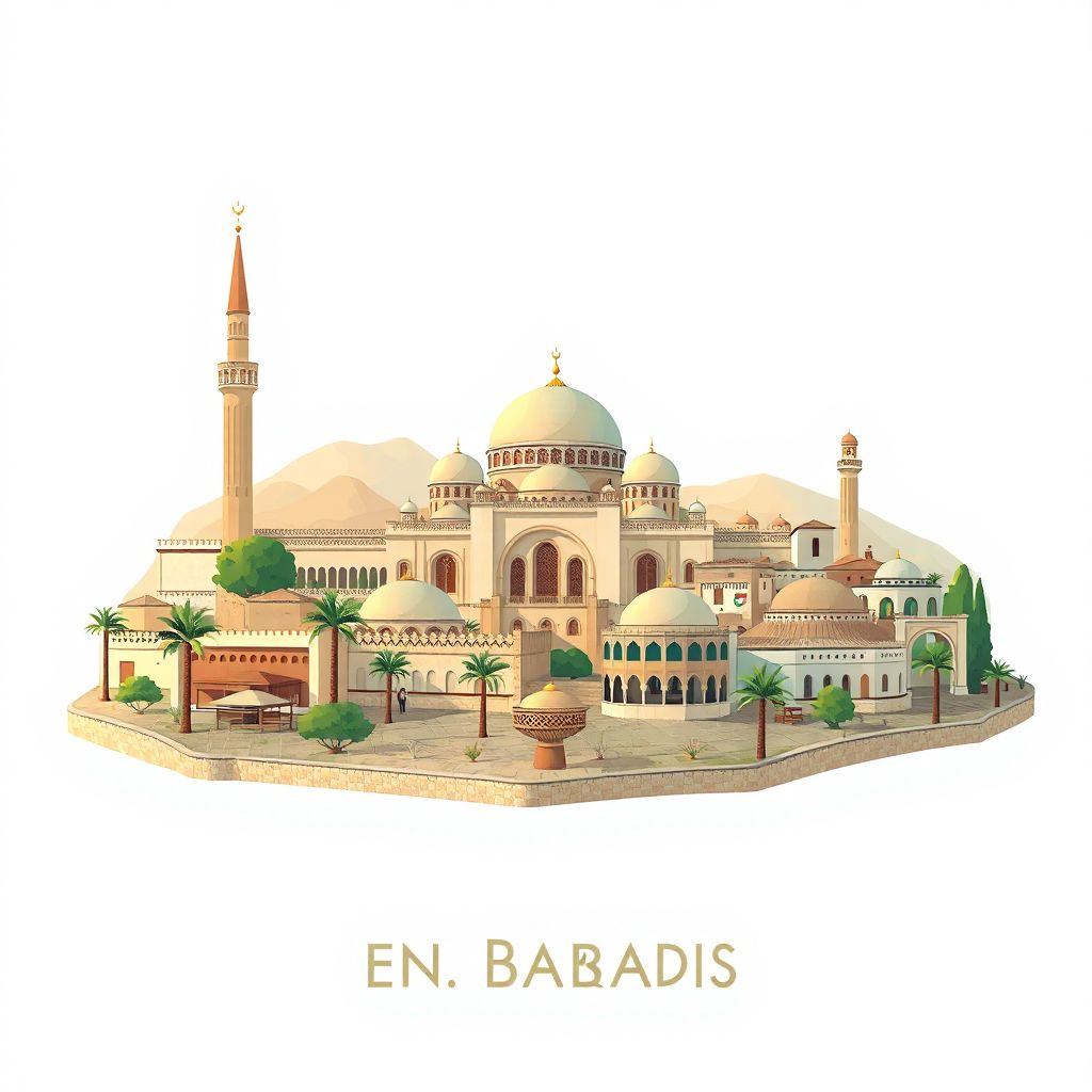 Ultra-high-definition gradient illustration style Ben Badis District illustration, showing the unique charm of the Great Mosque of Sidi Bel Abbes, the historic city center, and traditional Algerian cuisine.