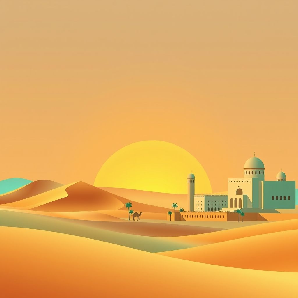 Ultra-high-definition gradient illustration of Magrane, El Oued, Algeria, featuring the Grand Erg Oriental, the Souf Museum, historical culture, and sandbread.