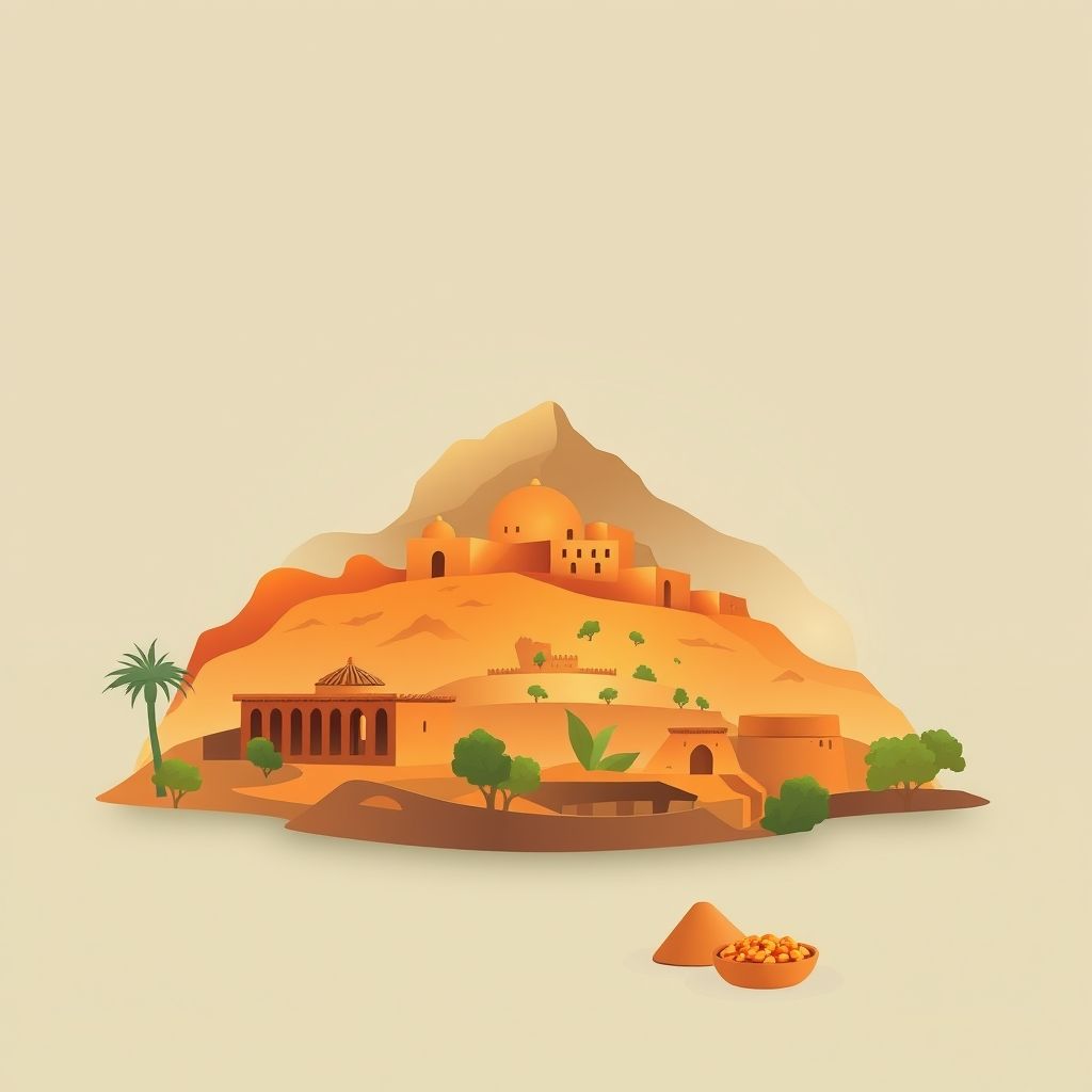 Ultra-high-definition gradient illustration of Tirmitine, Draa Ben Khedda, Tizi Ouzou, Algeria, featuring Djurdjura National Park, Djemila ruins, and couscous.