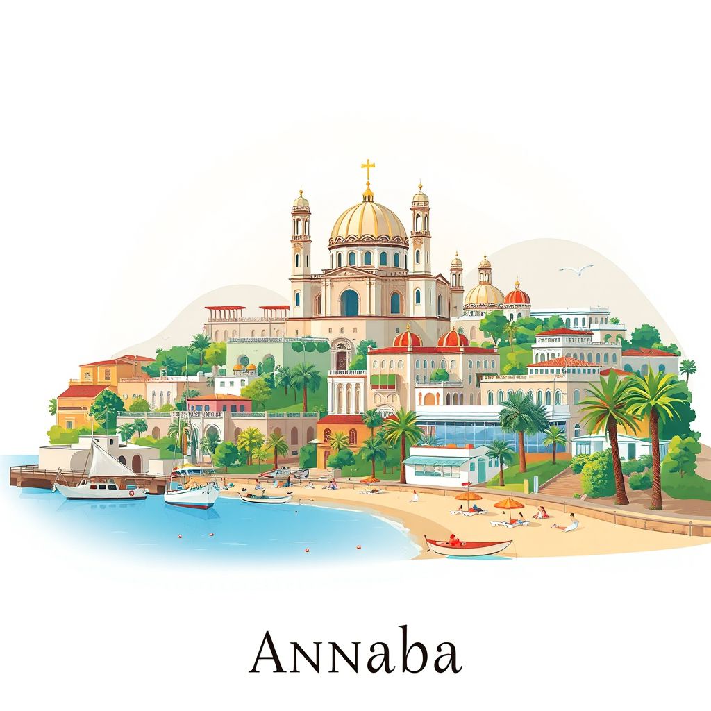 Ultra-high-definition gradient illustration style Annaba illustration, showing the unique charm of the Basilica of Saint Augustine, the Annaba Museum, and the beautiful beaches of Les Sablettes.