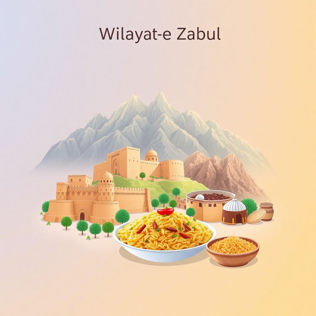 Ultra-high-definition gradient illustration of Wilayat-e Zabul, Zabul, Afghanistan, featuring ancient fortresses, rugged mountains, and Kabuli Pulao.