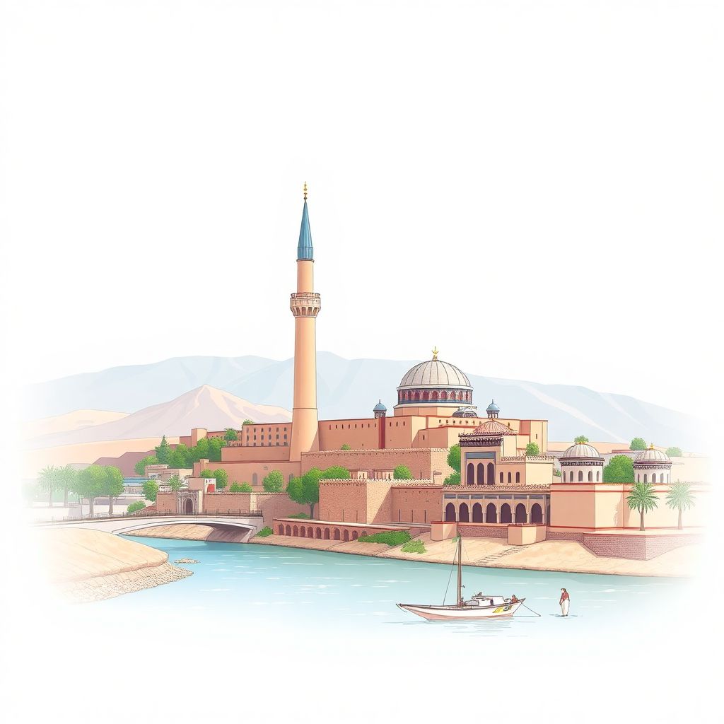 Ultra-high-definition gradient illustration style Wardak illustration, showing the unique charm of the Minaret of Jam, the Kabul River, and the historic Chak-e-Wardak.