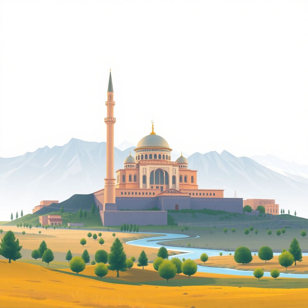 Ultra-high-definition gradient illustration style Takhar illustration, showing Khaja Ghar Mosque, the Taloqan river and the Hindukush mountains.