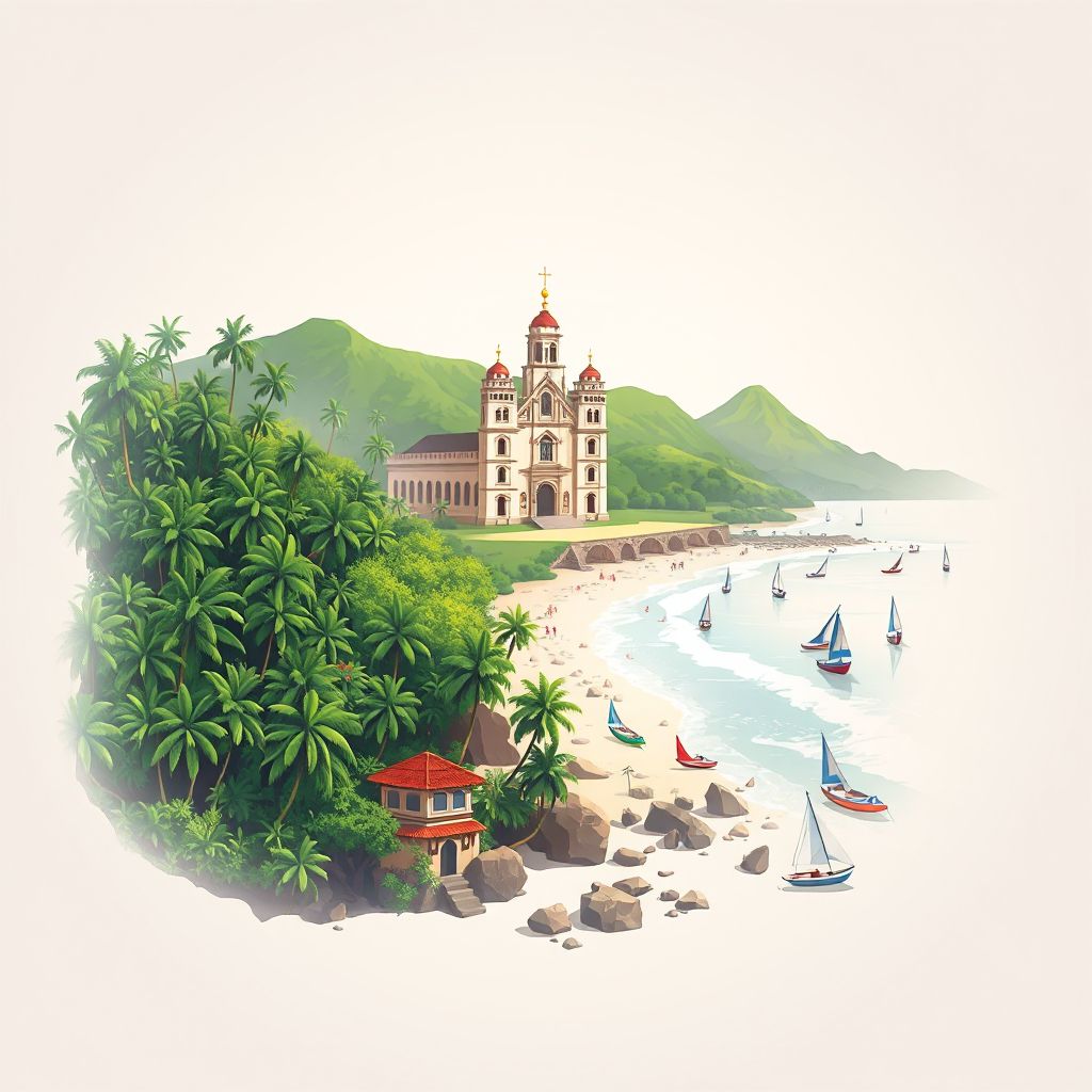 Ultra-high-definition gradient illustration style San Antonio de Pale illustration, showing the unique charm of the Church of San Antonio de Pale, the beautiful beaches of Annobon.