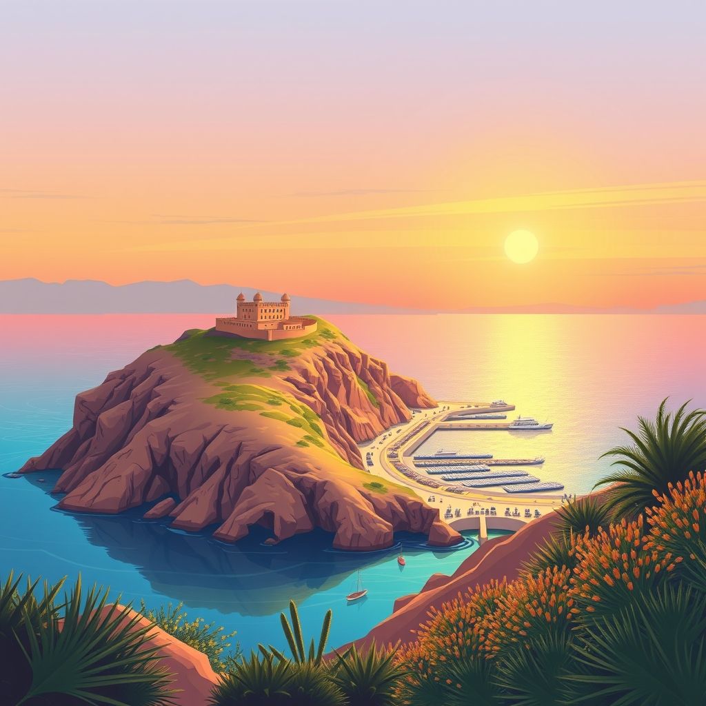 Ultra-high-definition gradient illustration of Aïn Bya, featuring Santa Cruz Fort, Oran coastline, and traditional Algerian couscous.