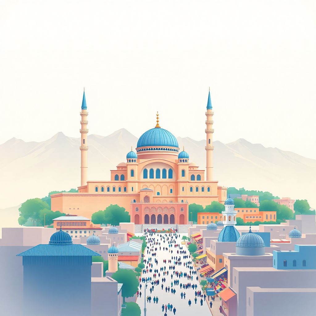 Ultra-high-definition gradient illustration style Sar-e Pul illustration, showing the unique charm of the Blue Mosque, local bazaar, and scenic mountains.