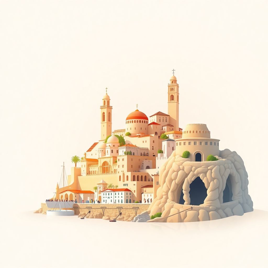 Ultra-high-definition gradient illustration style of Tanger-Tetouan-Al Hoceima, Morocco, featuring the Tangier Medina, Cape Spartel, and the Caves of Hercules.