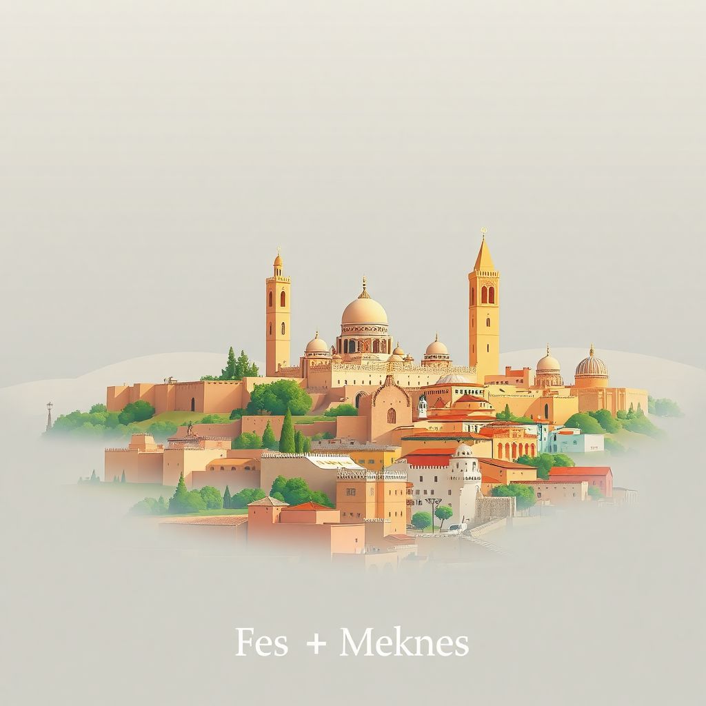 Ultra-high-definition gradient illustration style Fes-Meknes illustration, showcasing the Bou Inania Madrasa, the Volubilis archaeological site, and the Fes el Bali medina.