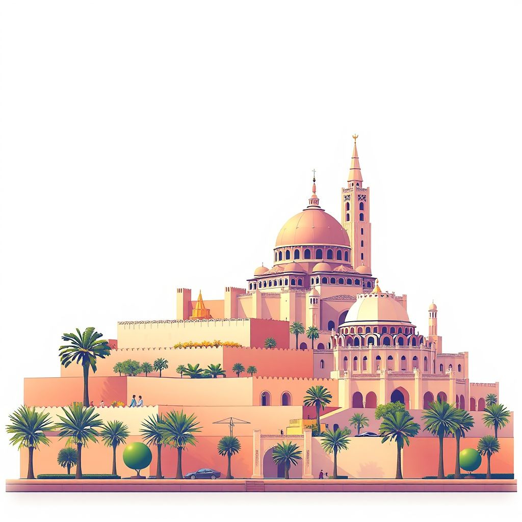 Ultra-high-definition gradient illustration style Rabat-Sale-Kenitra illustration, showing the unique charm of the Hassan Tower and the Mausoleum of Mohammed V.