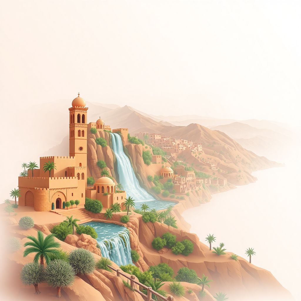 Ultra-high-definition gradient illustration style Beni Mellal-Khenifra illustration, showing the unique charm of the Ain Asserdoun waterfall, the Ain Asserdoun lake, and the Tassaout valley.