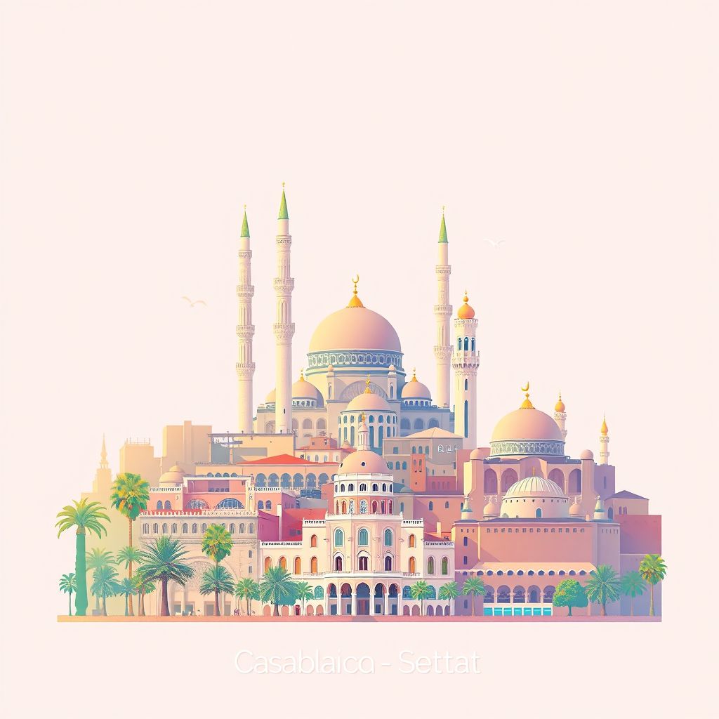 Ultra-high-definition gradient illustration style Casablanca-Settat illustration, featuring the Hassan II Mosque, the Casablanca Cathedral, and the Old Medina.