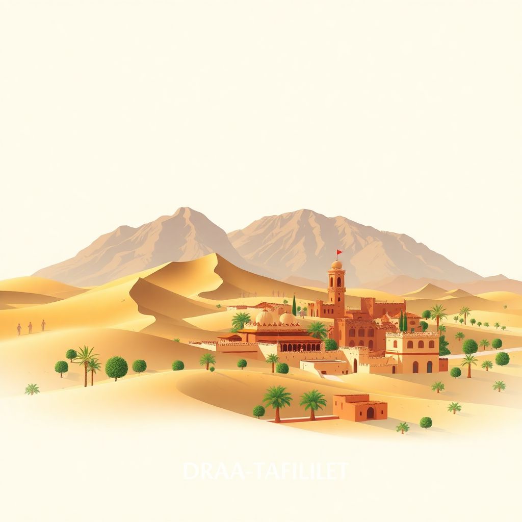 Gradient illustration of Draa-Tafilalet, Morocco, featuring Erg Chebbi sand dunes, historic Rissani town, and Draa Valley.