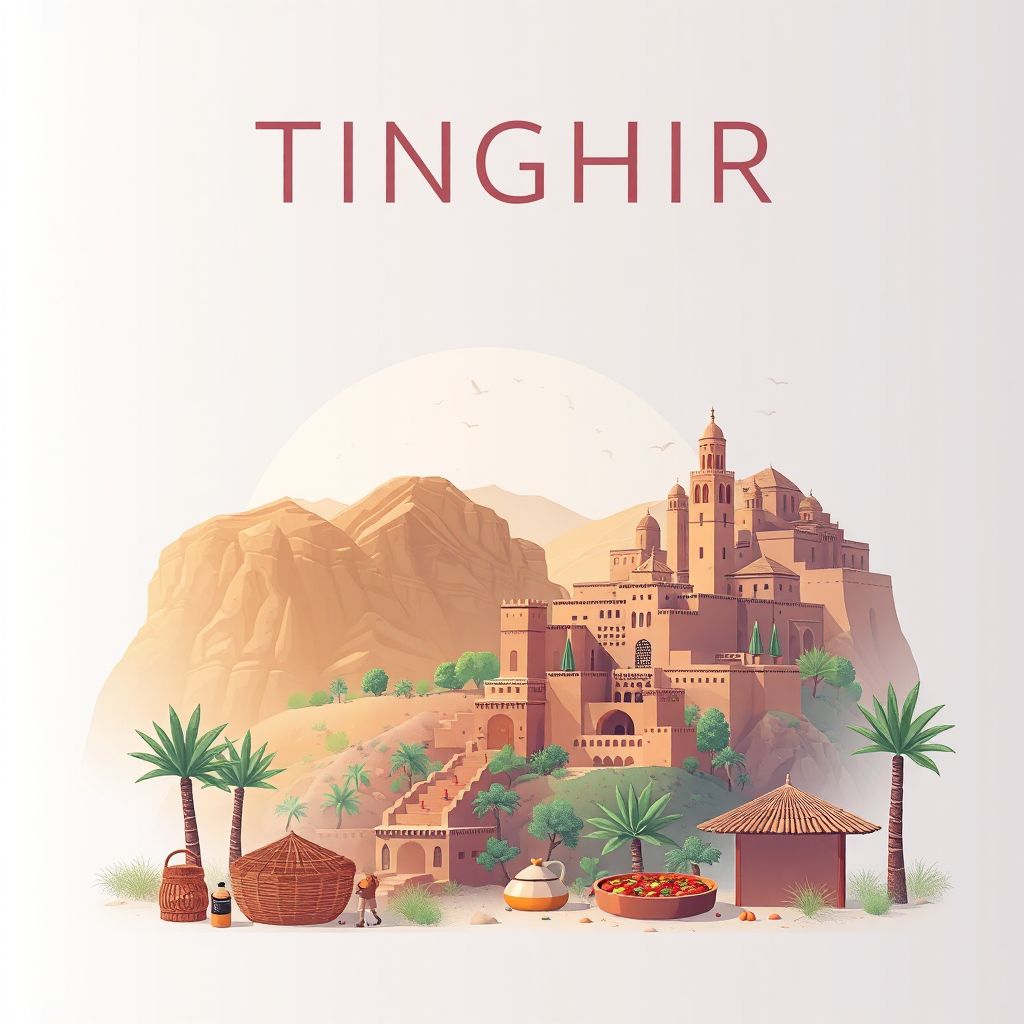 Ultra-high-definition gradient illustration style Tinghir Province illustration, showing the unique charm of the Todra Gorge, the Kasbah of Tinghir, and Berber cuisine.
