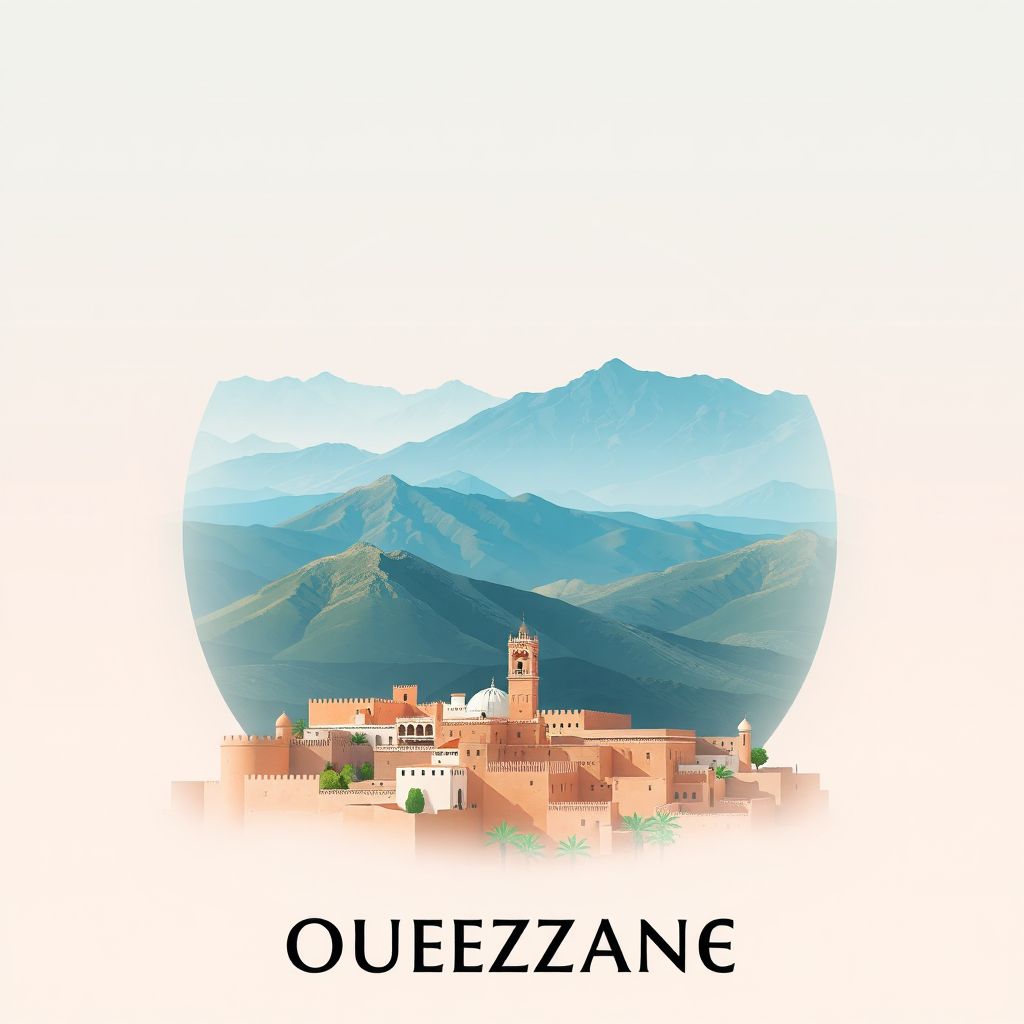 Ultra-high-definition gradient illustration style Ouezzane Province illustration, showing the unique charm of the Kasbah of Ouezzane and Rif Mountains.