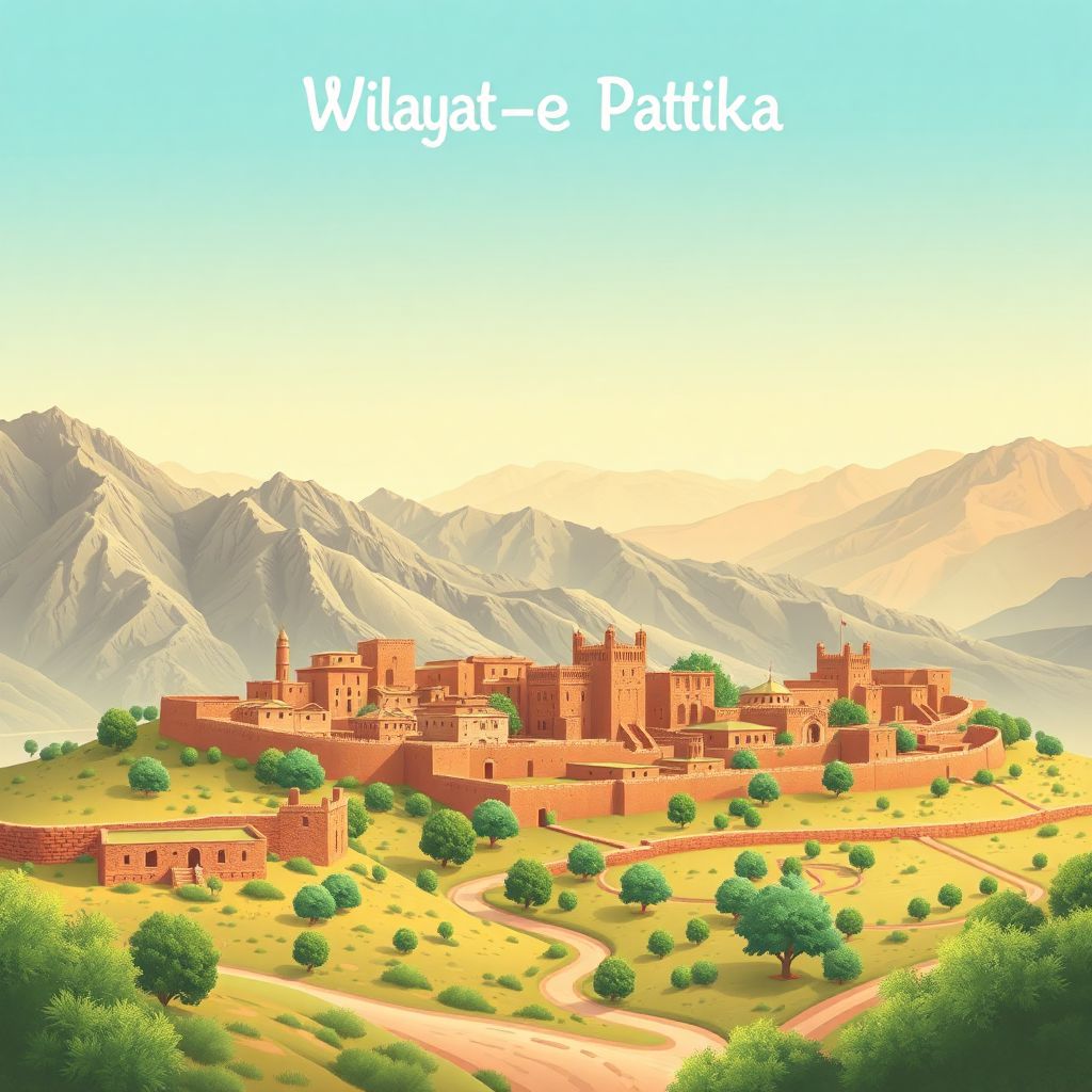 Ultra-high-definition gradient illustration style Wilayat-e Paktika illustration, showing the unique charm of rugged mountains, traditional mud-brick homes, and lush valleys.