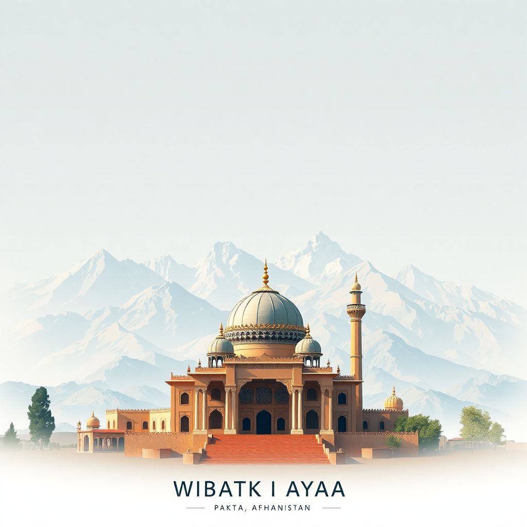 Ultra-high-definition gradient illustration of Wilayat-e Paktiya, Paktia, Afghanistan, featuring the Ahmad Shah Baba Shrine and surrounding mountains.