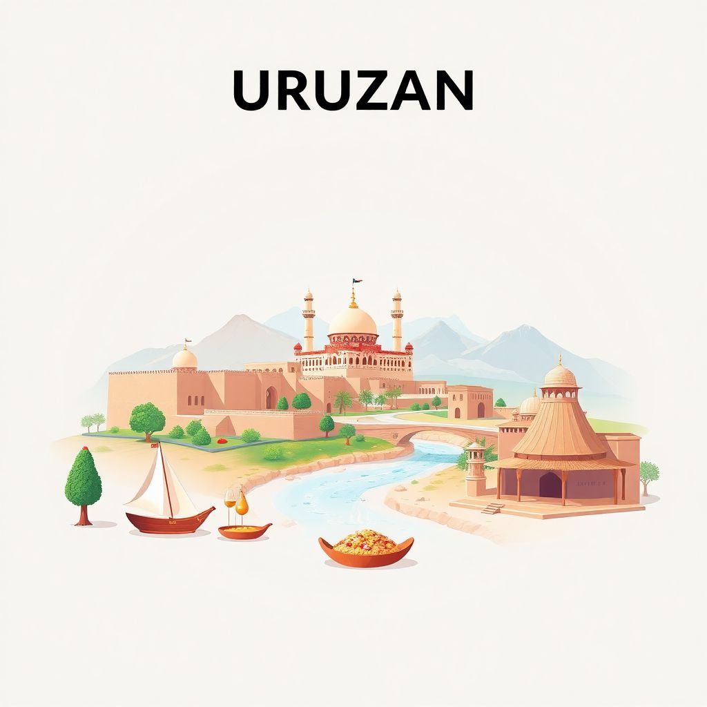 Ultra-high-definition gradient illustration style Uruzgan illustration, showing the unique charm of Tarin Kowt, the Arghandab River, and Kabuli Pulao.