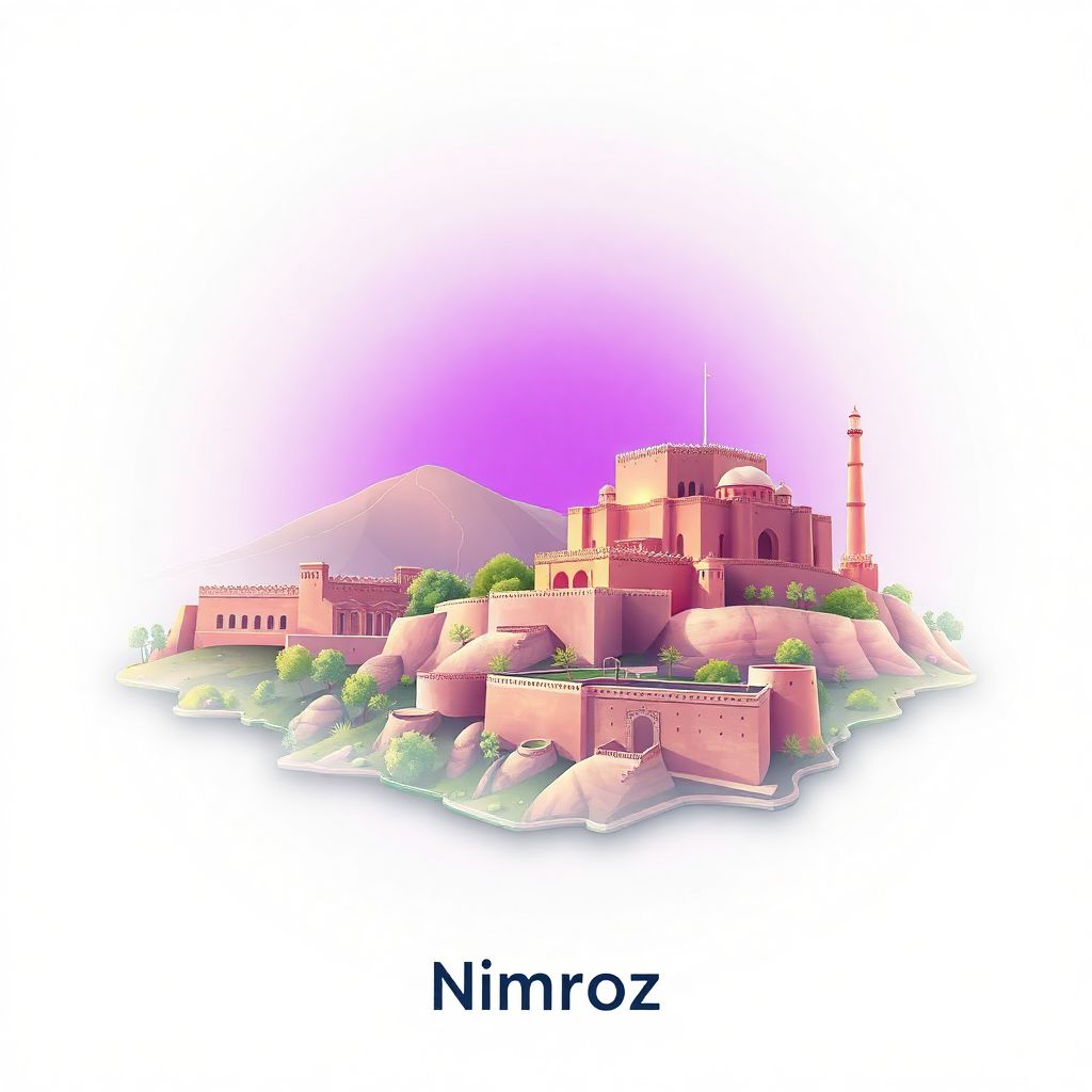 Ultra-high-definition gradient illustration of Nimroz, Afghanistan, featuring the ancient city of Zaranj and the historic Kang Fort.