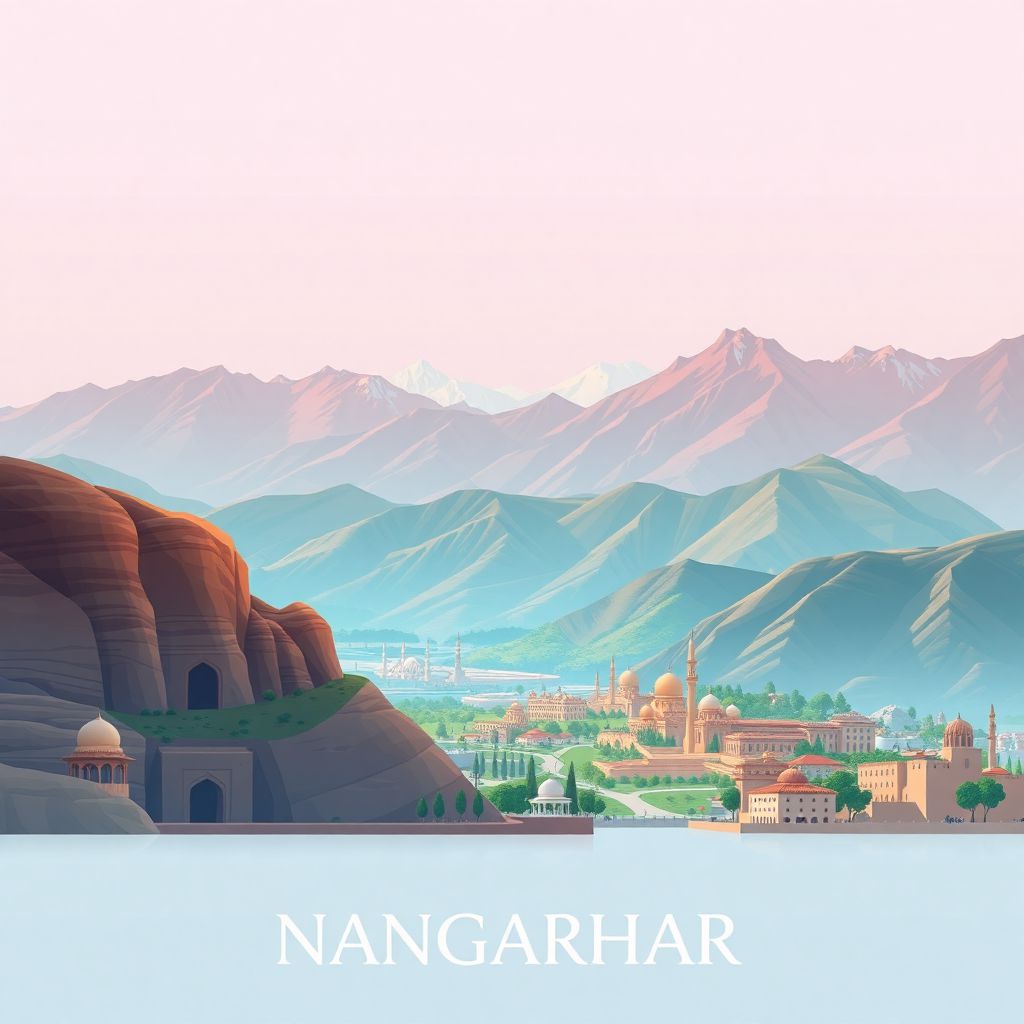 Ultra-high-definition gradient illustration of Nangarhar, Afghanistan, featuring the Tora Bora cave complex, Spin Ghar mountains, and Jalalabad.