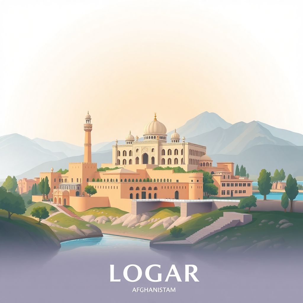Ultra-high-definition gradient illustration of Wilayat-e Logar, Logar, Afghanistan, featuring the historic Tajbeg Palace and the scenic Logar River.