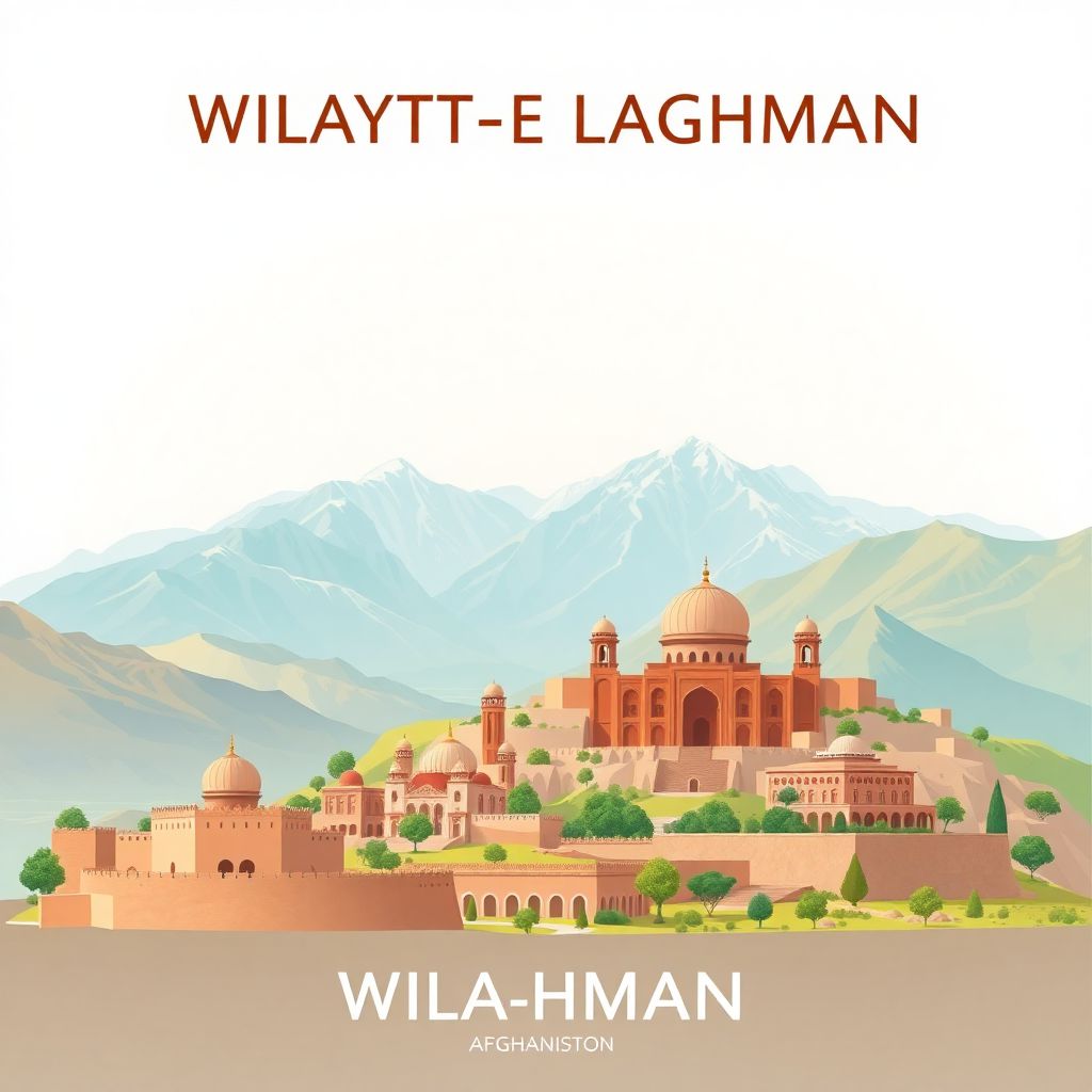 Ultra-high-definition gradient illustration style Wilayat-e Laghman illustration, showing the unique charm of the Laghman Valley and historic sites.